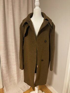 Vintage Dark Green Wool Blend Coat with Dramatic Oversized Colla-System